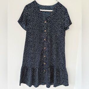 Navy Button-Front Mini Dress with White Dot Print